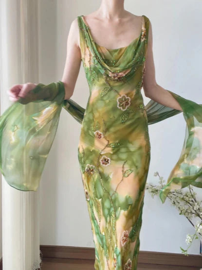 Exquisite Sheath Straps Beaded Print Floral Chiffon Prom Dress Party Dress SH4063