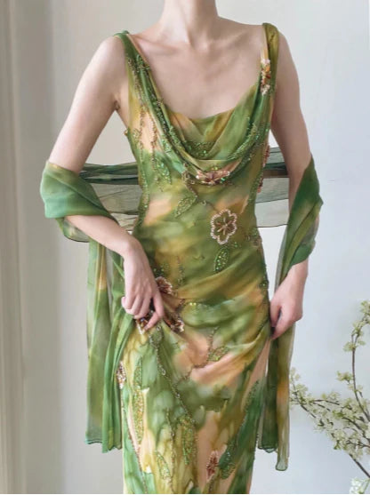 Exquisite Sheath Straps Beaded Print Floral Chiffon Prom Dress Party Dress SH4063