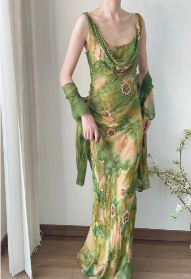 Exquisite Sheath Straps Beaded Print Floral Chiffon Prom Dress Party Dress SH4063