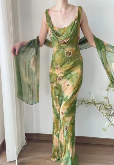 Exquisite Sheath Straps Beaded Print Floral Chiffon Prom Dress Party Dress SH4063