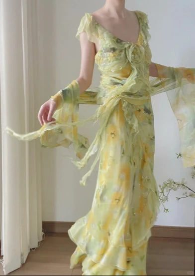 Flowy A Line V Neck Ruffle Yellow Print Floral Green Chiffon Prom Dress Party Dress SH4062