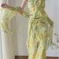 Flowy A Line V Neck Ruffle Yellow Print Floral Green Chiffon Prom Dress Party Dress SH4062