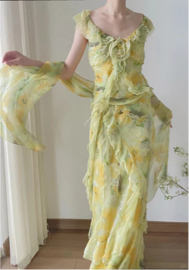 Flowy A Line V Neck Ruffle Yellow Print Floral Green Chiffon Prom Dress Party Dress SH4062