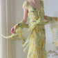 Flowy A Line V Neck Ruffle Yellow Print Floral Green Chiffon Prom Dress Party Dress SH4062