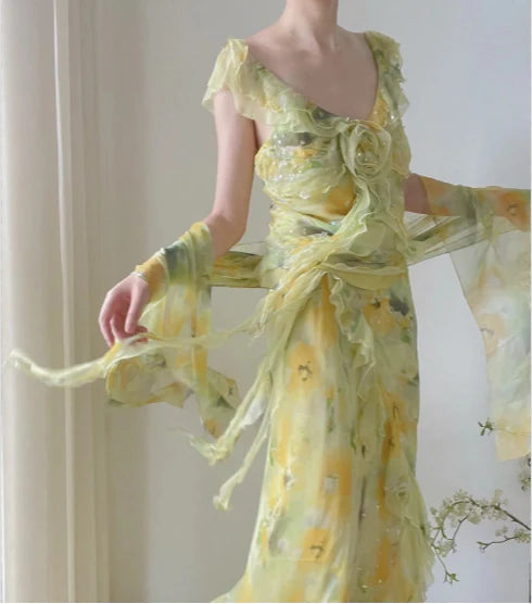 Flowy A Line V Neck Ruffle Yellow Print Floral Green Chiffon Prom Dress Party Dress SH4062