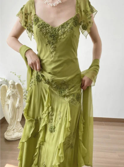 Elegant Retro Green A Line Embroidered Flying Sleeve Chiffon Prom Dress Party Dress SH4061