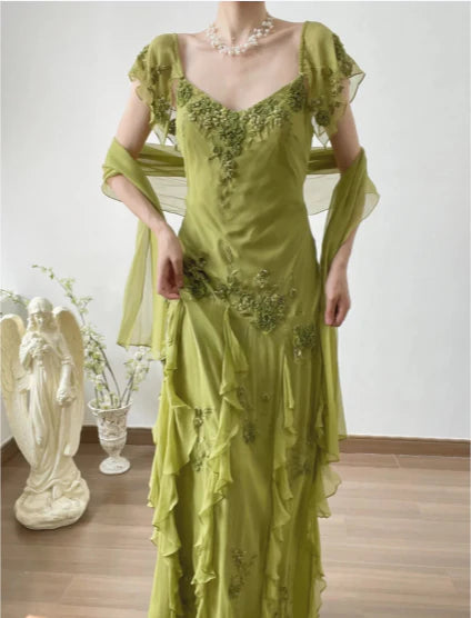 Elegant Retro Green A Line Embroidered Flying Sleeve Chiffon Prom Dress Party Dress SH4061
