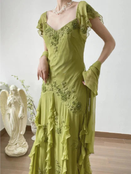 Elegant Retro Green A Line Embroidered Flying Sleeve Chiffon Prom Dress Party Dress SH4061