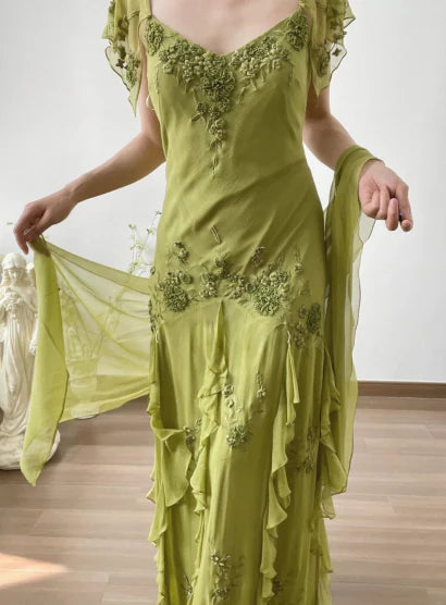 Elegant Retro Green A Line Embroidered Flying Sleeve Chiffon Prom Dress Party Dress SH4061