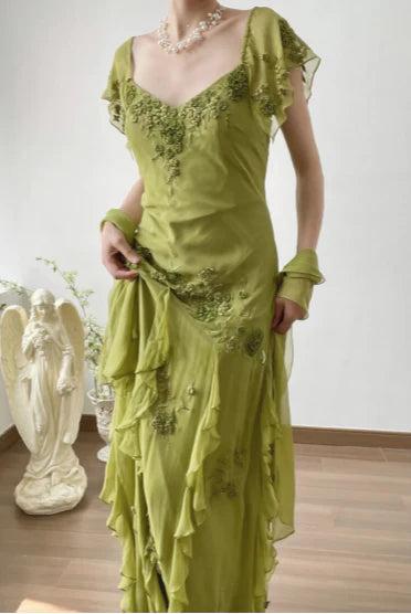 Elegant Retro Green A Line Embroidered Flying Sleeve Chiffon Prom Dress Party Dress SH4061