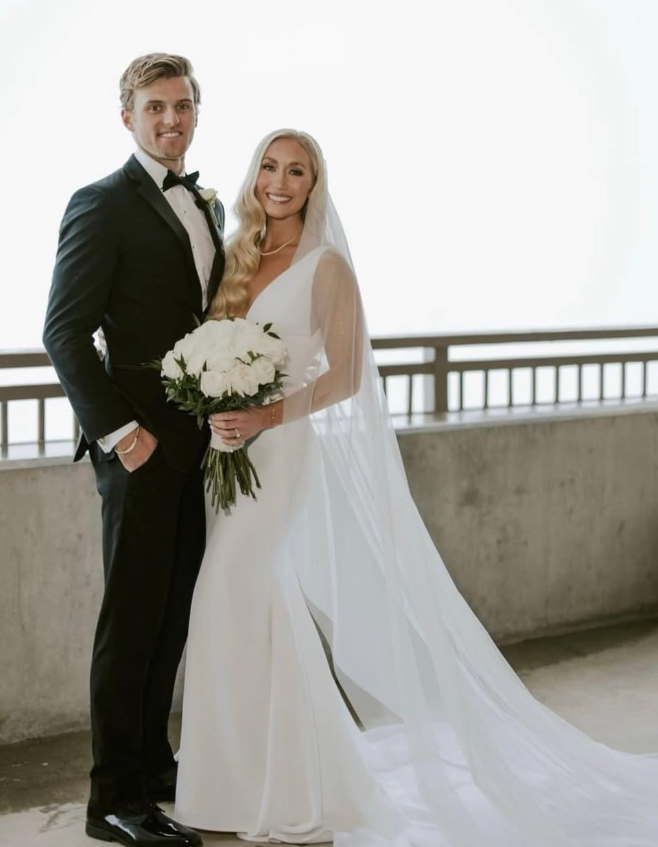 Simple Mermaid V Neck White Satin Long Train Wedding Dress SH7131