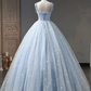 Star and Moon Fantasy Tulle A-Line Long Evening Dress, Blue Formal Sweet 16 Prom Dress Quinceanera Dress SH1063