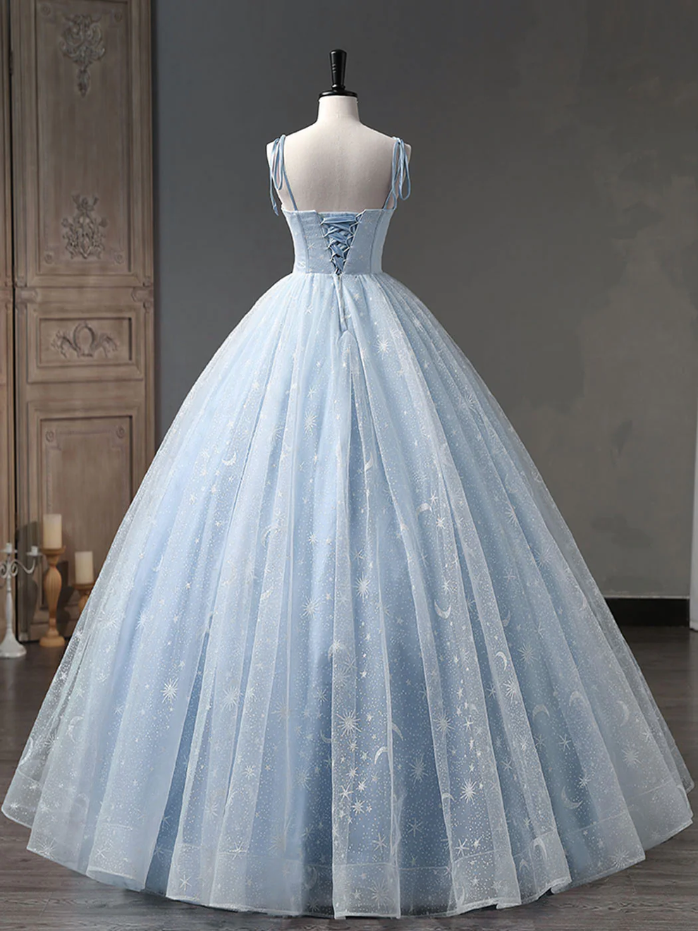 Star and Moon Fantasy Tulle A-Line Long Evening Dress, Blue Formal Swe