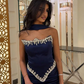 Navy Blue Sheath Strapless Exquisite Beaded Satin Prom Dress Evening Dress SH5397