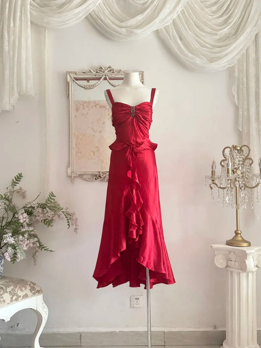 Vintage Red A Line Straps Ruffle Satin Prom Dress Wedding Guest Dress with Slit SH4553