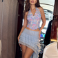 Blue A Line Two Piece Halter Layered Chiffon Mini Homecoming Dress Vacation Dress SH4196