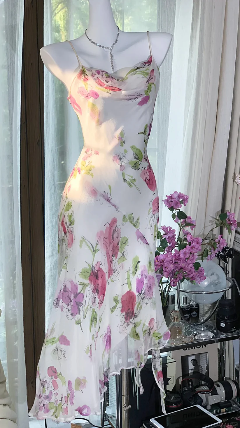 Pink Print Floral Mermaid Chiffon Date Dress Evening Dress Wedding Guest Dress SH3434