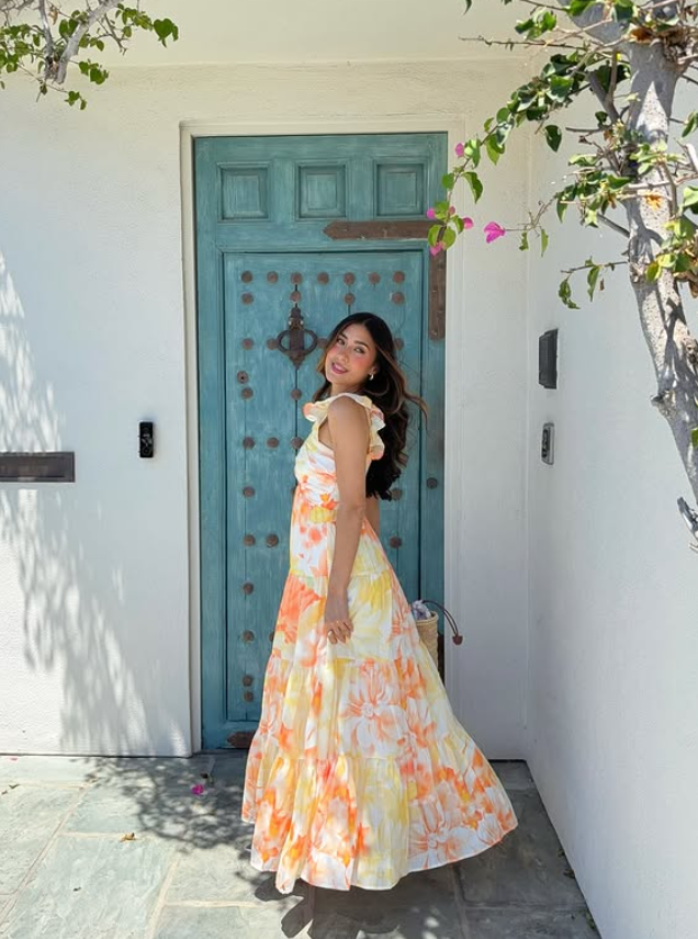 Yellow A Line Strap Orange Print Floral Chiffon Prom Dress Vacation Dress SH6256