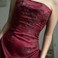 Vintage A Line Strapless Exquisite Beaded Burgundy Satin Prom Dress Evening Dress SH6073