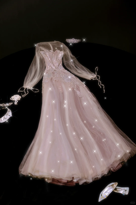 Exquisite A Line Long Sleeve Sequin Tulle Prom Dress Party Dress SH3398
