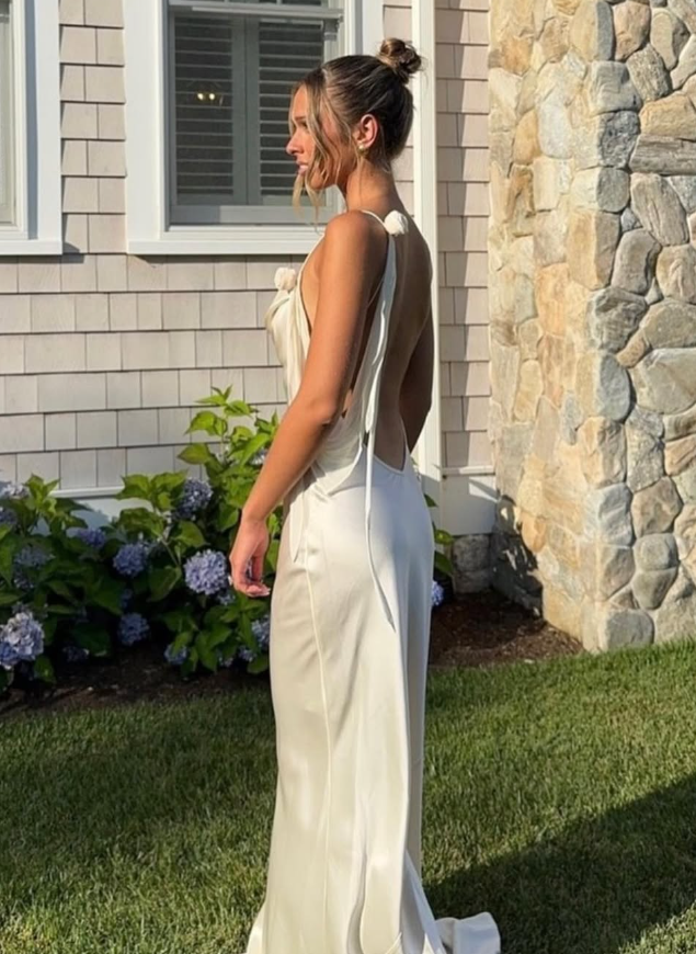 Simple Sheath Straps Ivory Satin Open Back Long Prom Dress Evening Dress SH1974