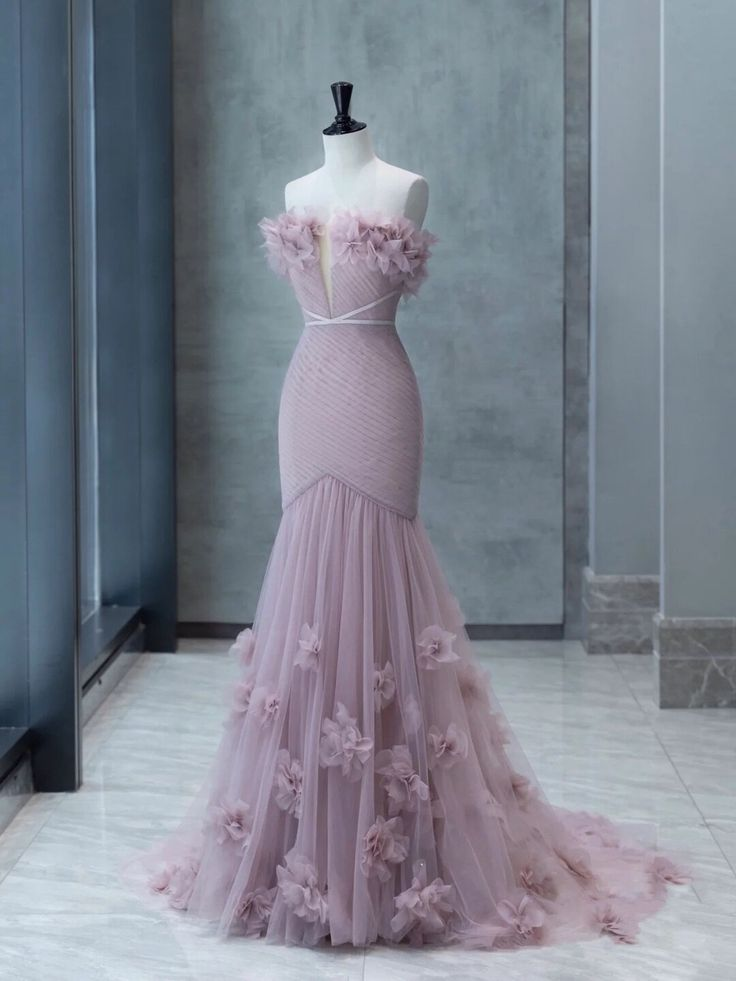 Strapless Pink Chiffon Creased Evening Dress Floor Length Mermaid Prom Dress With Sweep SH1014