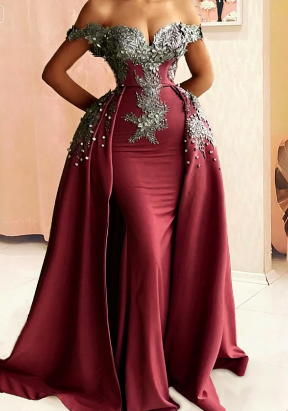 Mermaid Evening Dress Off Shoulder Silver Lace Embroidery Prom Dresses SA692