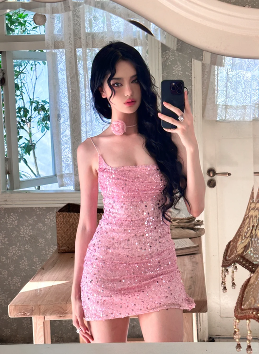Cute Pink Sheath Spaghetti Strap Sequin Short Prom Dress Homecoming Dress SH4460
