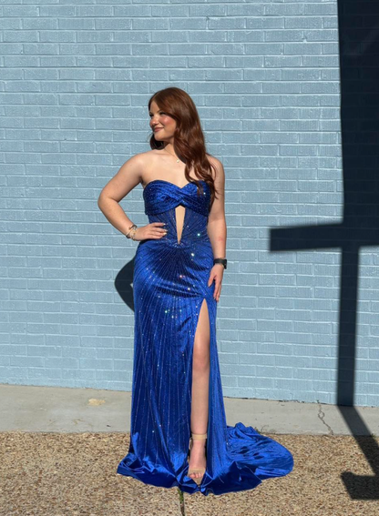 Elegant Navy Blue Sheath Sweetheart Neck Beaded Satin Slit Long Prom Dress Evening Dress SH7230