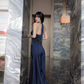 Navy Blue A Line Halter Bow Satin Open Back Prom Dress Evening Dress SH4397