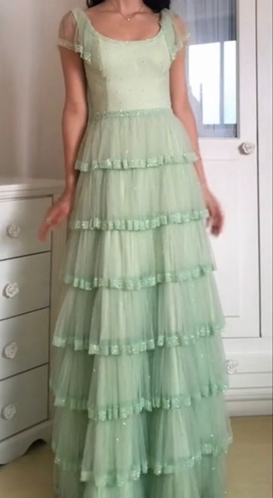 Shiny Tulle Layered Long Green Prom Dress SH1142
