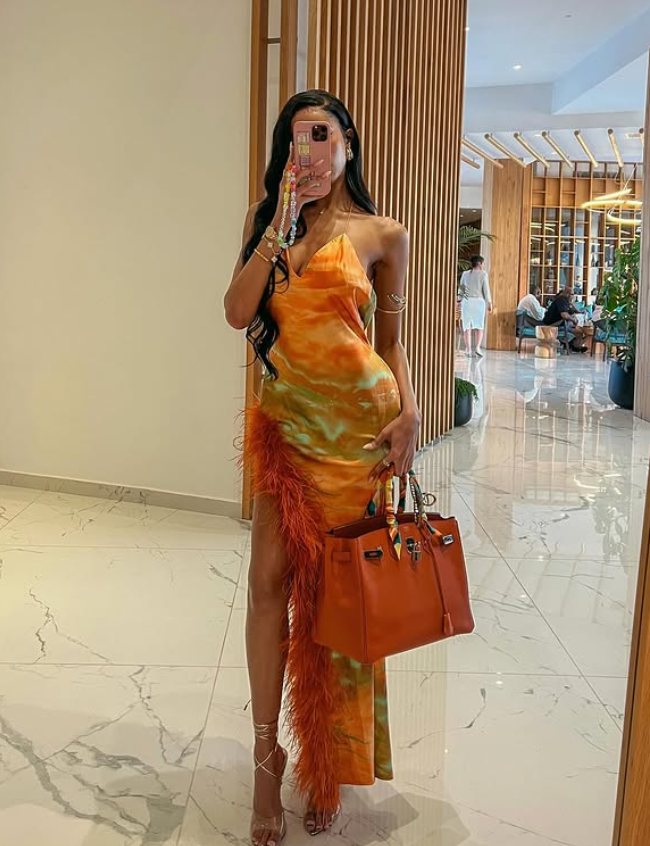 Orange Sheath Spaghetti Strap Feather Satin Prom Dress Vacation Dress with Slit SH4492