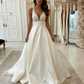 White v neck satin lace long prom dress evening dress A08