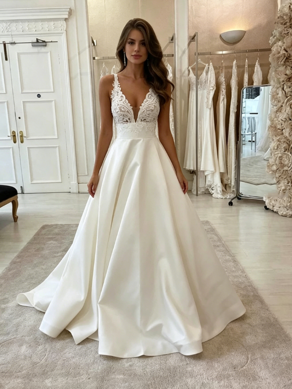 White v neck satin lace long prom dress evening dress A08