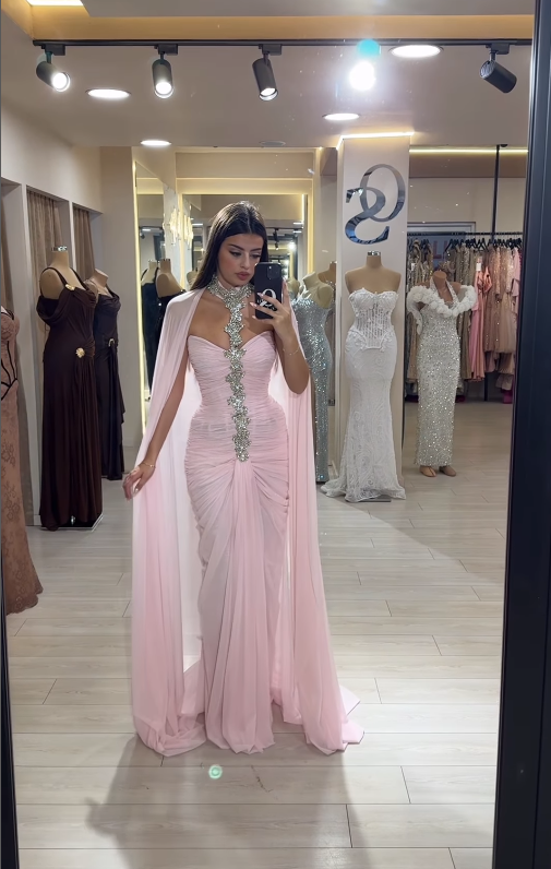 Light Pink Sheath Halter Rhinestone Pleated Chiffon Long Prom Dress Evening Dress SH4799