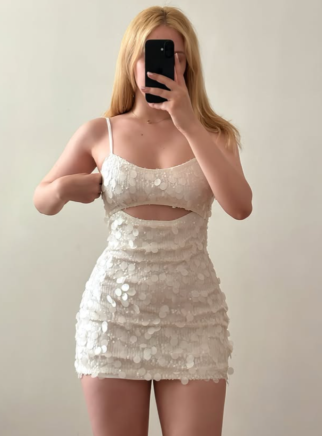 Cute White Sheath Spaghetti Straps Sequin Short Prom Dress Homecoming Dress Outfits SH6834
