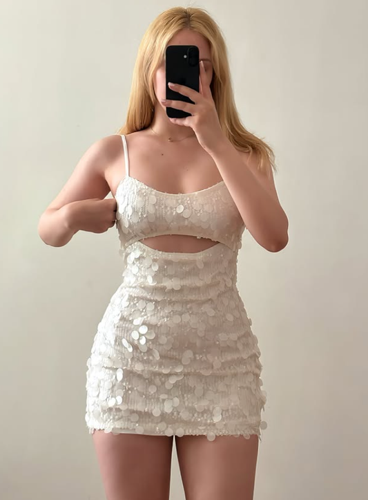 Cute White Sheath Spaghetti Straps Sequin Short Prom Dress Homecoming Dress Outfits SH6834