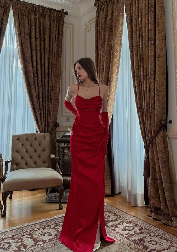 Elegant Burgundy Sheath Spaghetti Strap Satin Long Evening Dress Prom Dress SH4831