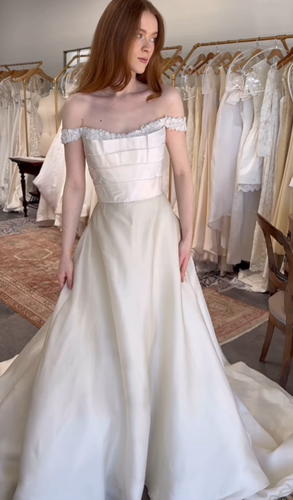 Retro A Line Off the Shoulder Appliques Pearl Ivory Satin Wedding Dress SH6090