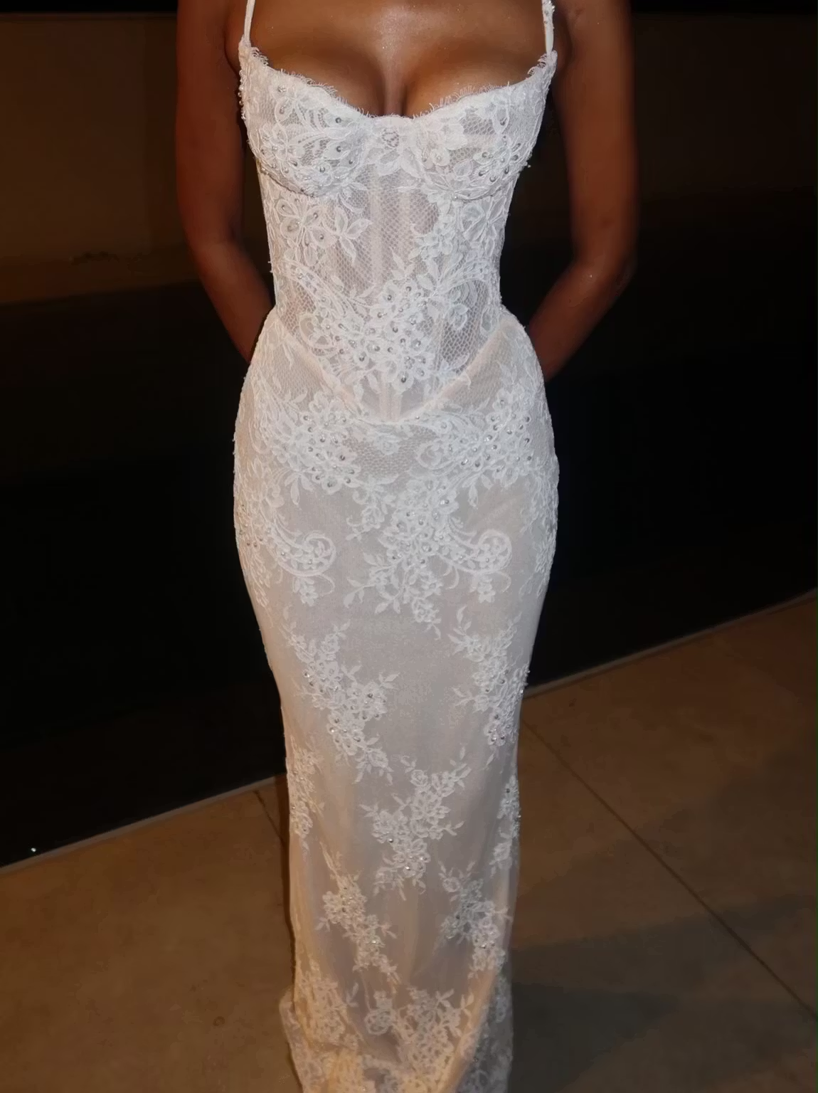 White Sheath Spaghetti Strap Lace Long Prom Dress Evening Dress SH8568