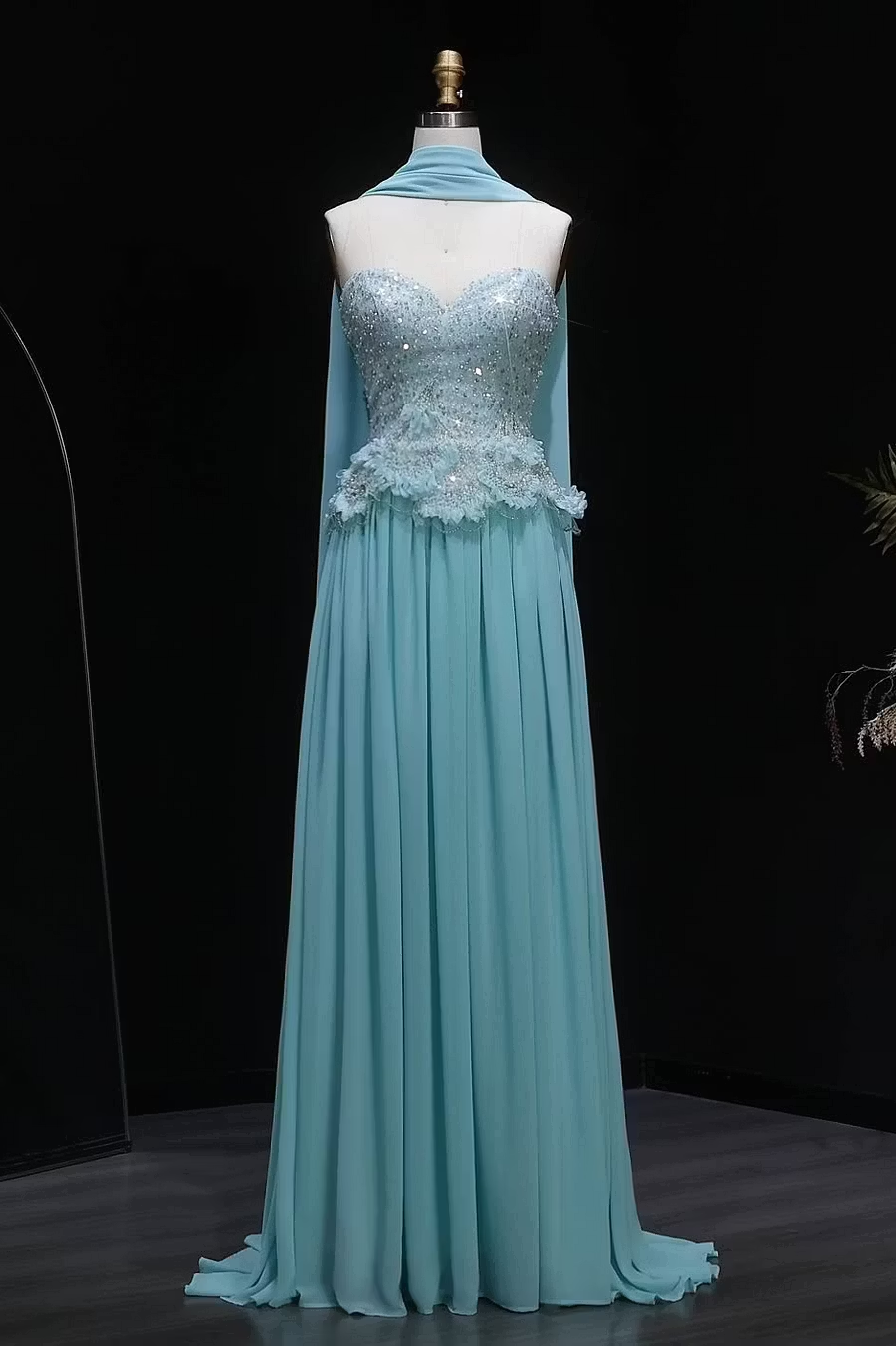 Classy Blue A Line Strapless Beaded Sequin Chiffon Prom Dress Evening Dress SH8562