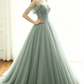 sage green tulle long ball gown with spaghetti straps, sage green sweet 16 dress prom gown P6154
