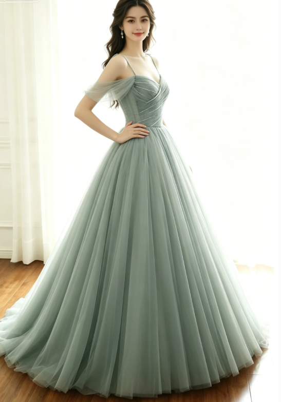 green dress 16 sage green tulle long ball gown with spaghetti straps, sage green swee –  shinydress