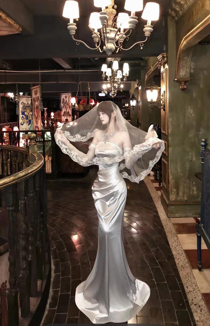 Elegant Mermaid Long Sleeve Lace Satin Long Prom Dress Evening Dress SH8125
