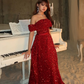 Shiny A Line Off the Shoulder Sequin Long Prom Dress Evening Dress SH7313