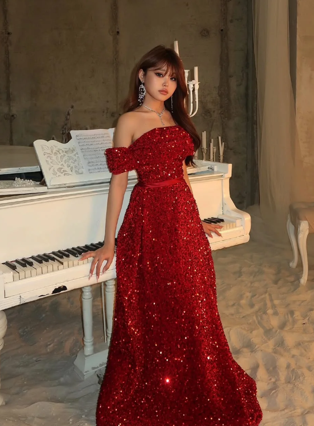 Shiny A Line Off the Shoulder Sequin Long Prom Dress Evening Dress SH7313
