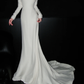 Elegant Mermaid Long Sleeve Floral White Satin Open Back Long Sweep Wedding Dress SH4931