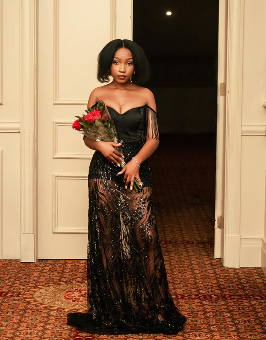 Sexy A Line Off the Shoulder Black Sequin Satin Long Prom Dress Graduation Prom Dress SH2453