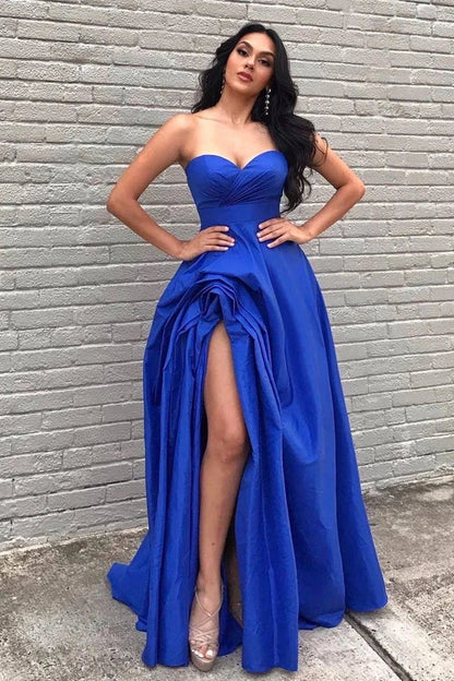 A-Line Empire-Waist Strapless Royal Blue Long Formal Prom Dress SH8189