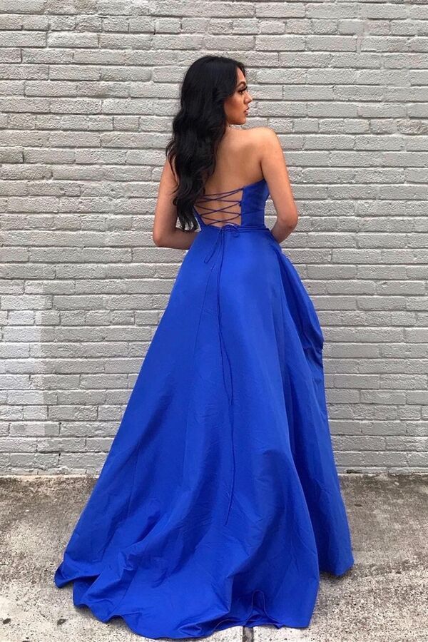 A-Line Empire-Waist Strapless Royal Blue Long Formal Prom Dress SH8189